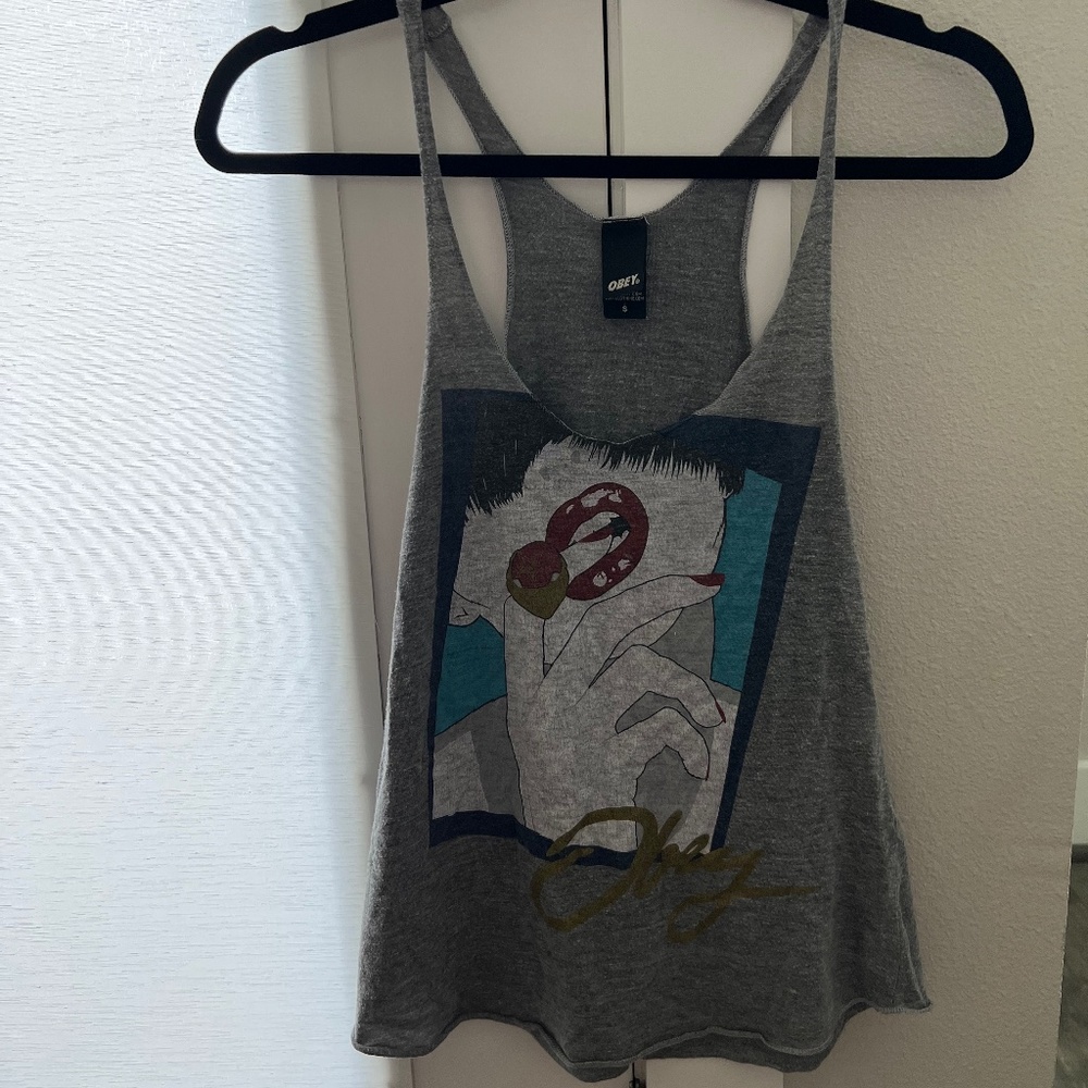 Vintage Obey Tank Top Women Grey Scoop Neck